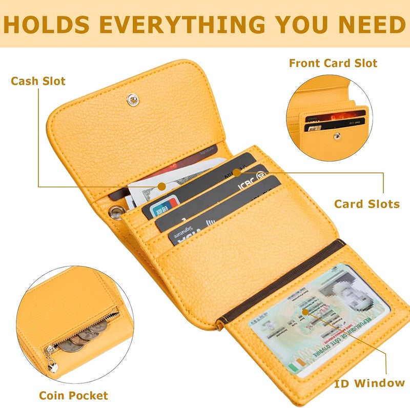 Sunpour Women Small Wallet RFID Blocking Slim Wallet with Coin Pocket Tri-Fold Credit Card Holder with ID Window and Keychain(Light Yellow) - Image 2